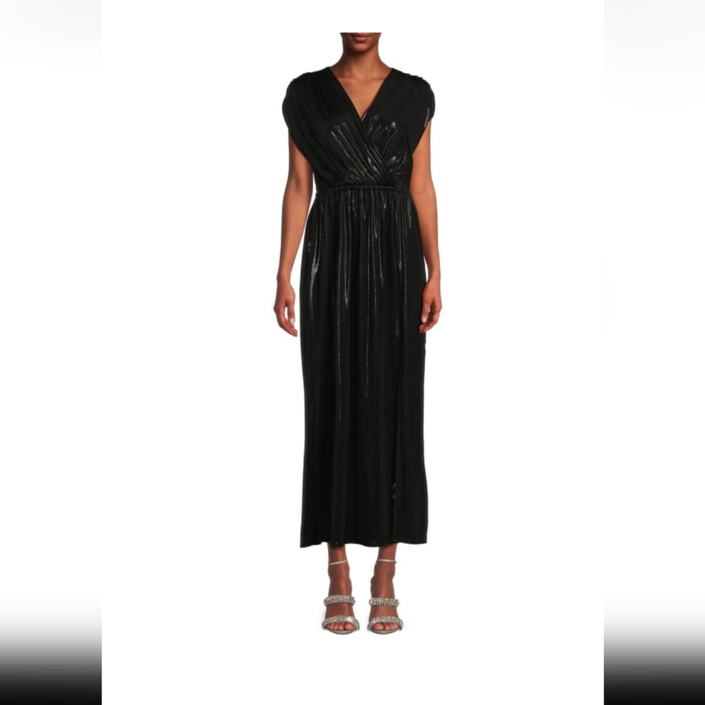 brand new  reneec. u.s.a. BLACK metallic faux-wrap long dress women's small